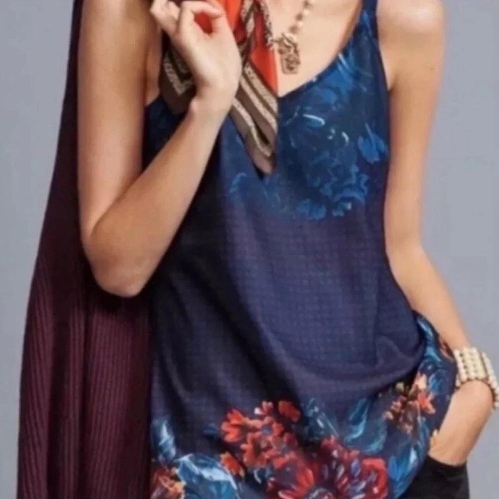 Cabi Blue Tunic Tank Top Floral Chiffon Overlay
Size S